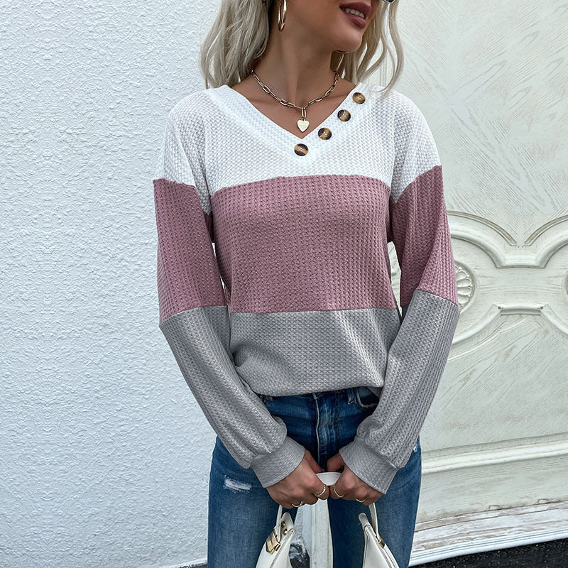 Damen Farbenblock Waffelstrick-Top mit V-Ausschnitt und Zierknopfleiste Drune