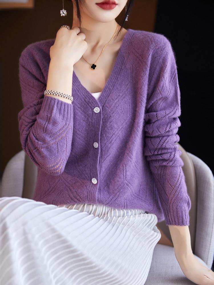 Damen Leichter Ajourcardigan mit geometrischer Lochstruktur und kastiger Kurzform Drune