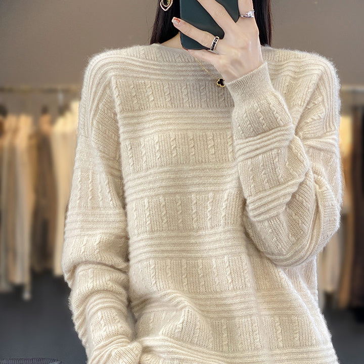 Damen Oversize-Feinstrickpullover mit Strukturblöcken, Mohair‑Look und Rundhalsausschnitt Drune