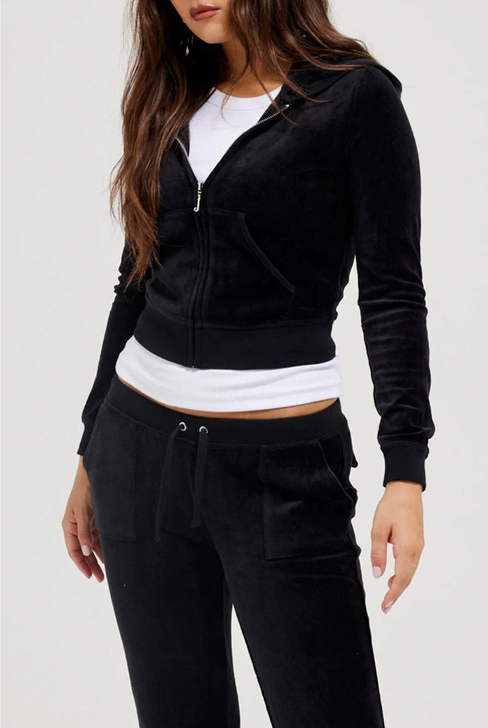 Damen Samtvelours Cropped-Zipjacke mit Kängurutasche und hochgeschnittener Bündchenhose Drune