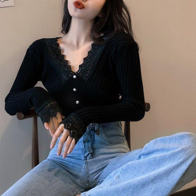 Damen Langärmliger Pullover mit Spitzendetails Drune