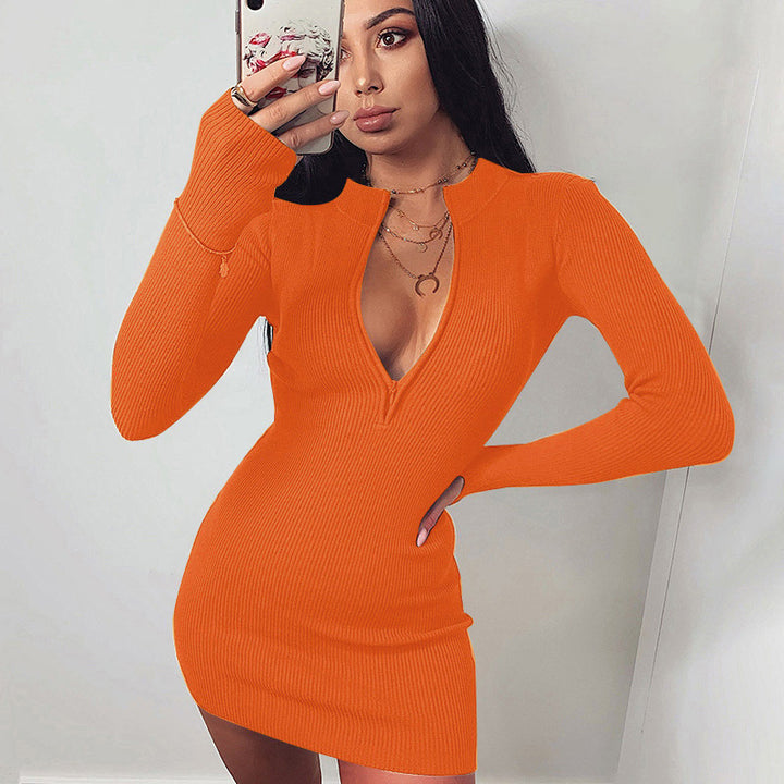 Damen Knit Kleid mit tiefem V-Ausschnitt und langen Ärmeln Drune
