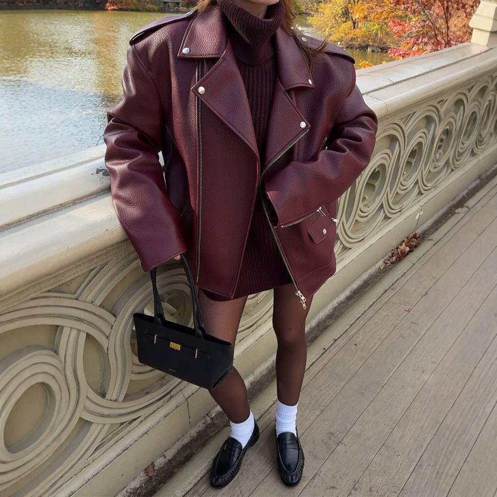 Damen Oversize Bikerjacke aus Struktur-Kunstleder mit asymmetrischem Reißverschluss Drune