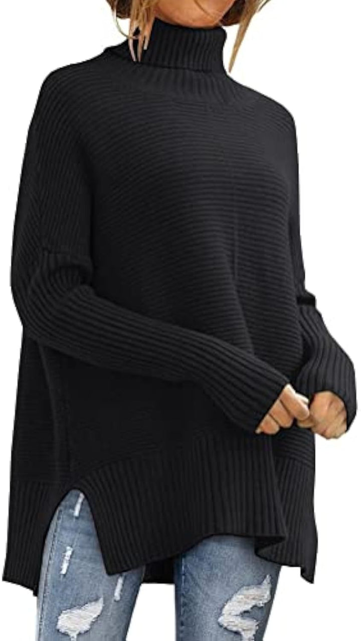 Damen Oversize-Rippenstrick Rollkragenpullover mit Seitenschlitzen und verlängertem Saum Drune