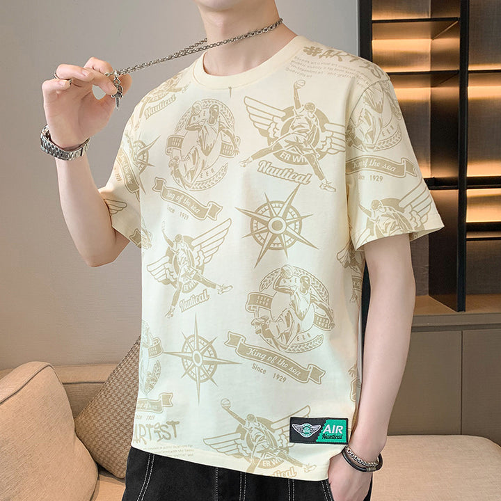 Herren Oversize-Print-T-Shirt mit Allover-Nautical-Logos und Rundhalsausschnitt Drune