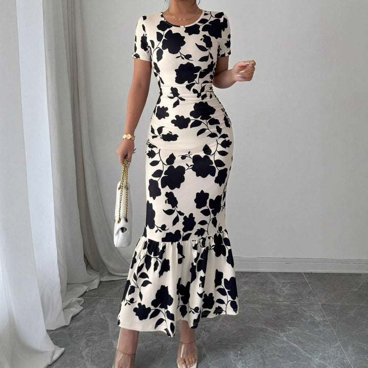 Damen Elegantes figurbetontes Kleid mit Rüschen-Saum und floralem Muster Drune