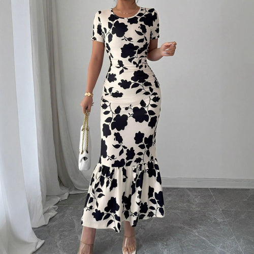 Damen Elegantes figurbetontes Kleid mit Rüschen-Saum und floralem Muster Drune