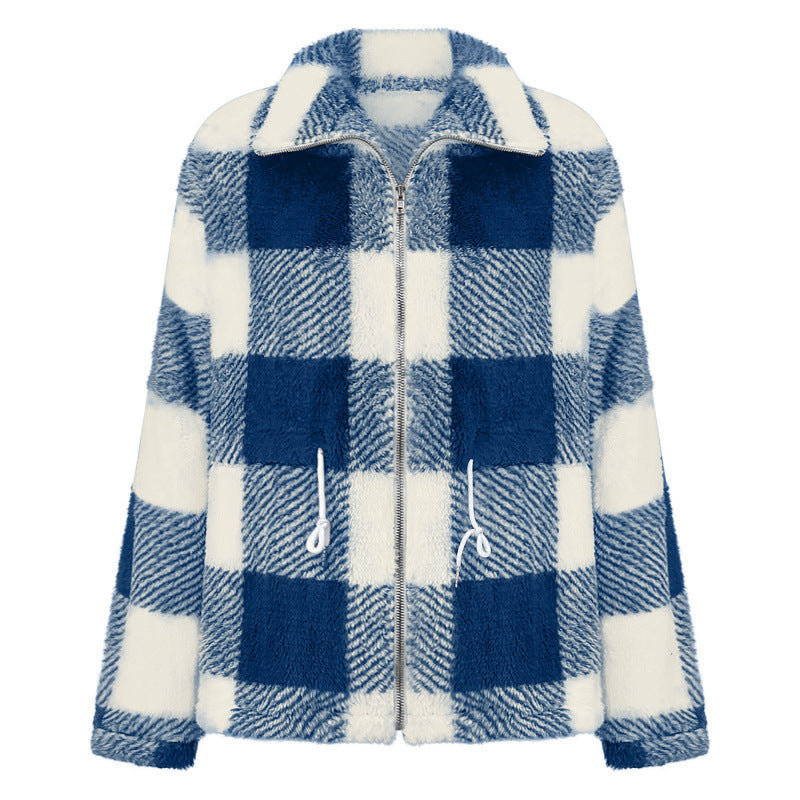 Damen kuschelige Oversize-Jacke mit kariertem Muster Drune