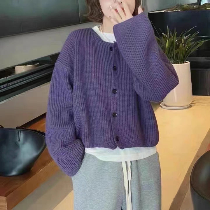 Damen lässige Strickjacke mit vorne offenen Knöpfen und ballonförmigen Ärmeln Drune