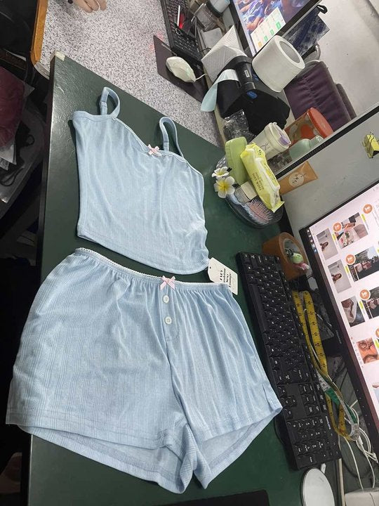 Damen Schlafanzug Set mit Spitzenakzenten und romantischem Druck Drune
