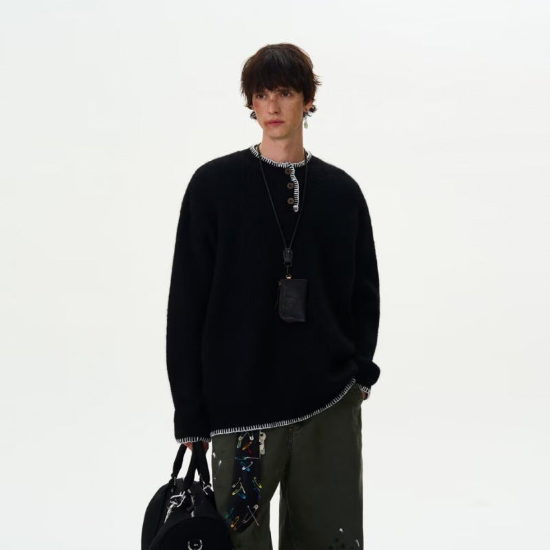 Herren Grobstrick-Henley-Pullover mit Bouclé-Optik und kontrastierten Bündchen Drune