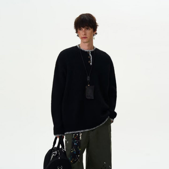 Herren Grobstrick-Henley-Pullover mit Bouclé-Optik und kontrastierten Bündchen Drune