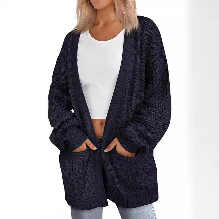 Damen lässige Strickjacke mit weiten Ärmeln und tiefem V-Ausschnitt Drune