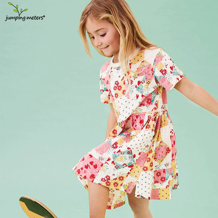 Mädchen Kurzarm Kleid mit fröhlichem Patchwork-Design Drune
