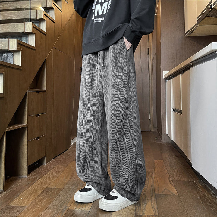 Herren Weit geschnittene Loungehose mit Fischgrätstruktur, elastischem Bund und Tunnelzug Drune