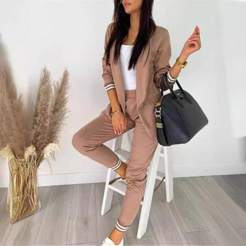 Damen nan sportlich-elegantes Blazer-Jogginghose Zweiteiler mit elastischem Bund und Bündchen Drune