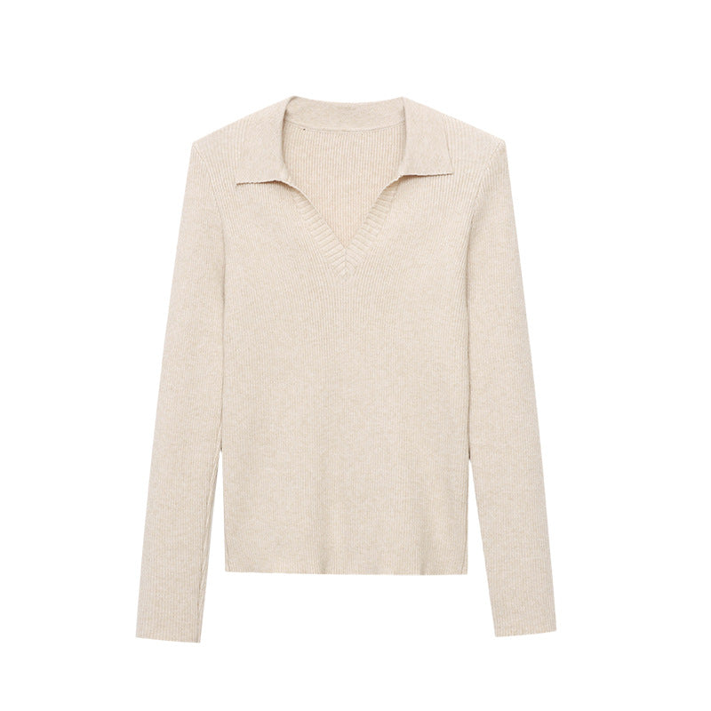 Damen elegantes V-Ausschnitt Langarmshirt aus feinem Rippstrick Drune