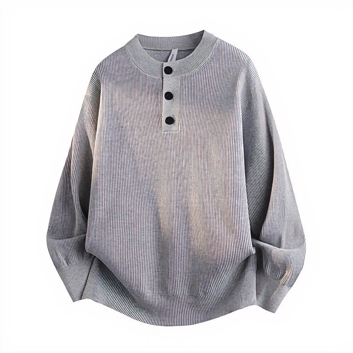 Unisex Oversized Rippen-Henley-Pullover mit verlängertem Rückensaum und 3-Knopf-Leiste Drune