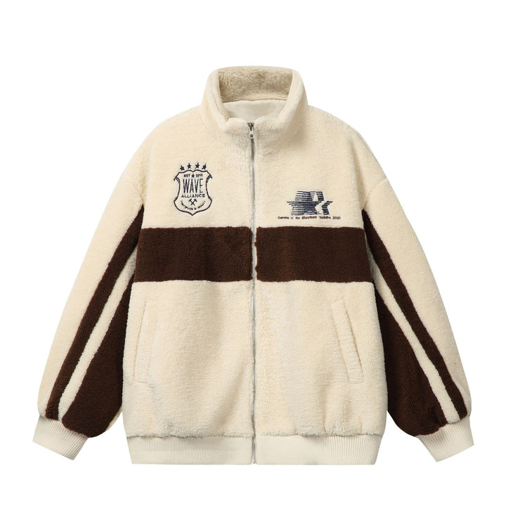 Unisex Sherpa‑Fleecejacke im Boxy‑Cut mit Stehkragen, Blockstreifen und Stickdetails Drune