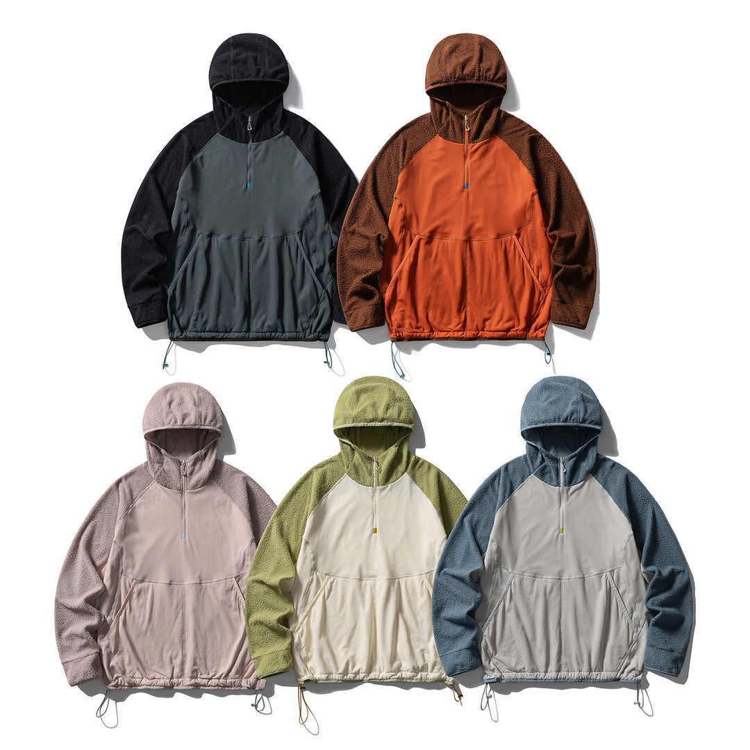 Unisex Hybrid Kapuzen-Fleecepullover mit Softshell-Front, halbem Reißverschluss und Kängurutasche Drune