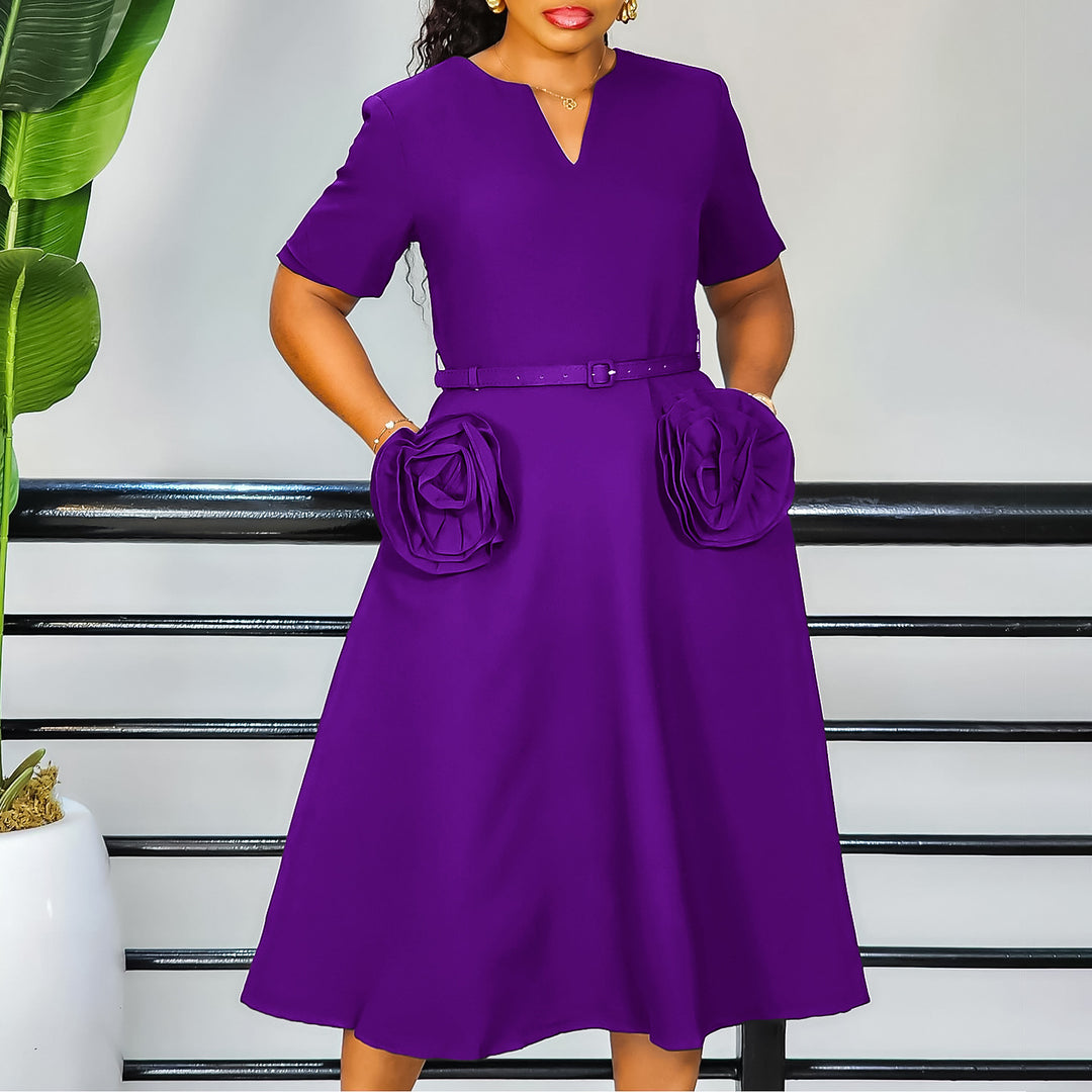 Damen elegantes Midi-Kleid mit Blumenapplikationen und Taillengürtel Drune