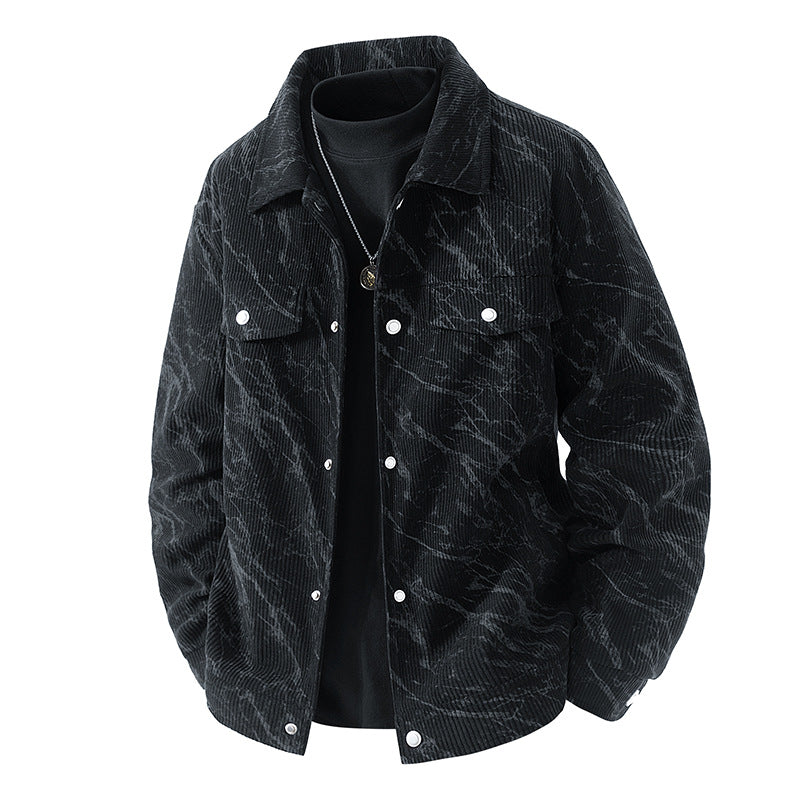 Men's  marbled corduroy snap-front collared trucker jacket with chest flap pockets Drune