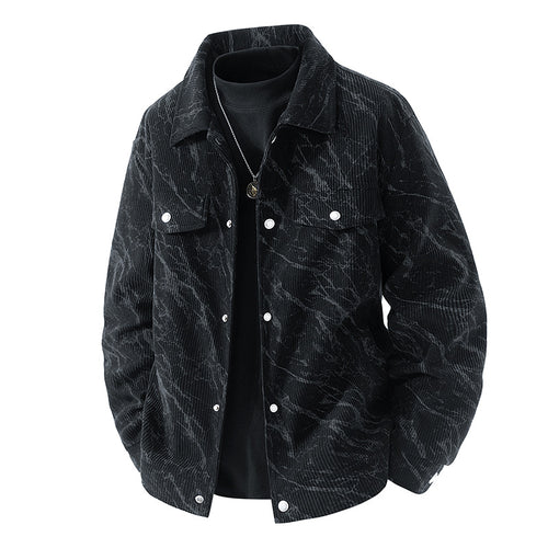 Men's  marbled corduroy snap-front collared trucker jacket with chest flap pockets Drune