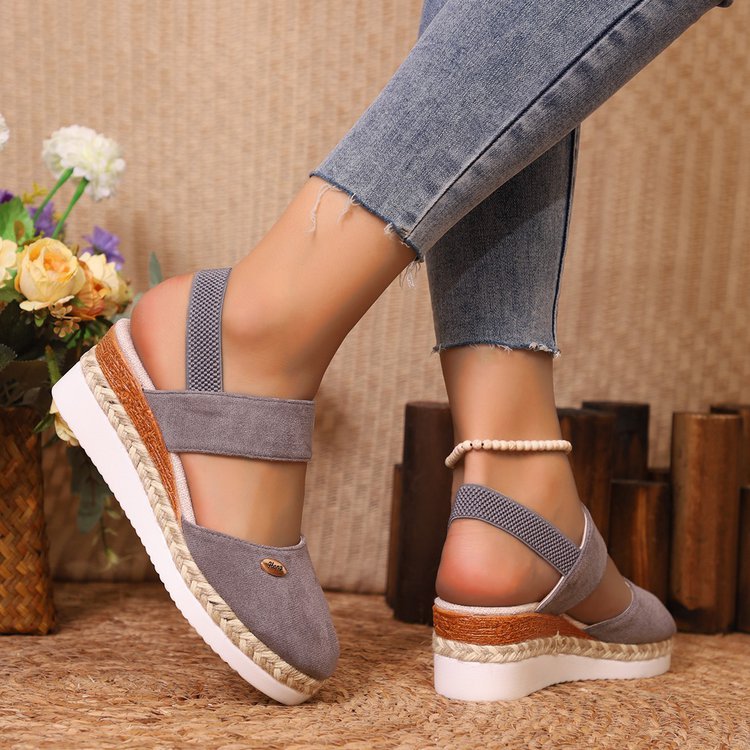 Damen  Espadrille-Keilpantoletten mit elastischem Fersenriemen, Veloursoptik-Obermaterial und geflochtenem Jute-Plateau Drune