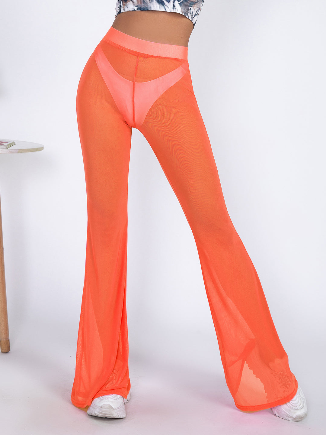 Damen Transparente Flared-Hose aus Netzstoff Drune