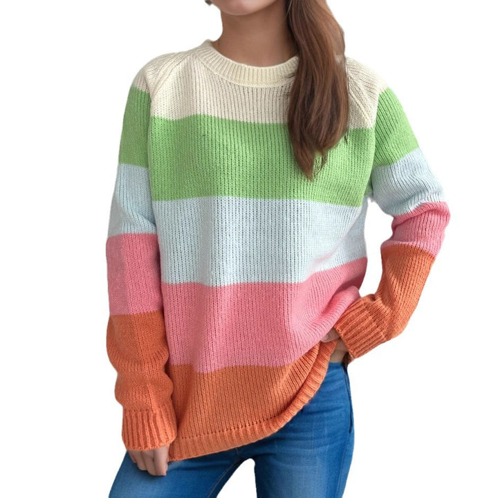 Damen lässiger Strickpullover mit bunten Blockstreifen und weitem Schnitt Drune