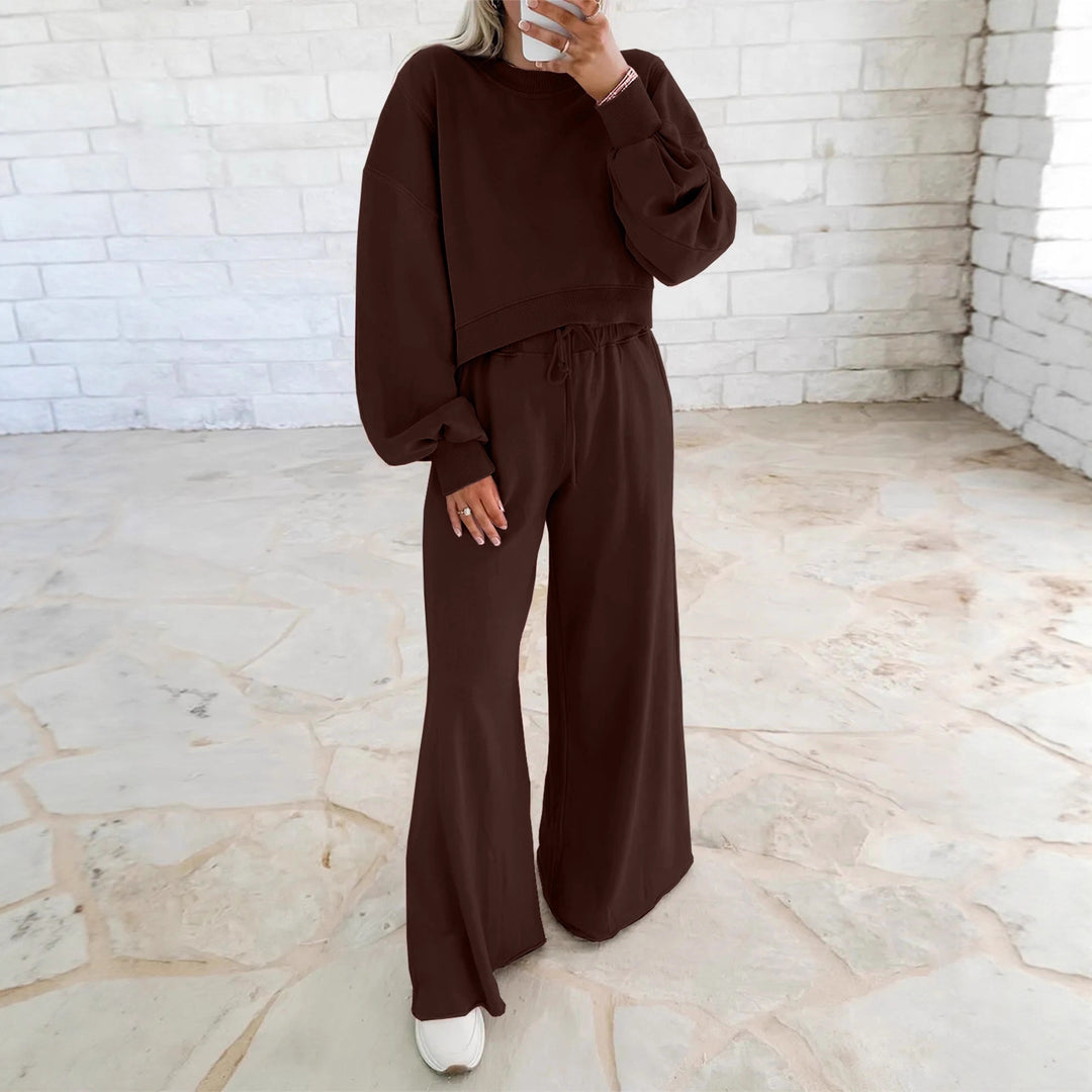 Damen Kurzpullover- und Palazzohose Lounge-Set mit Ballonärmeln Drune