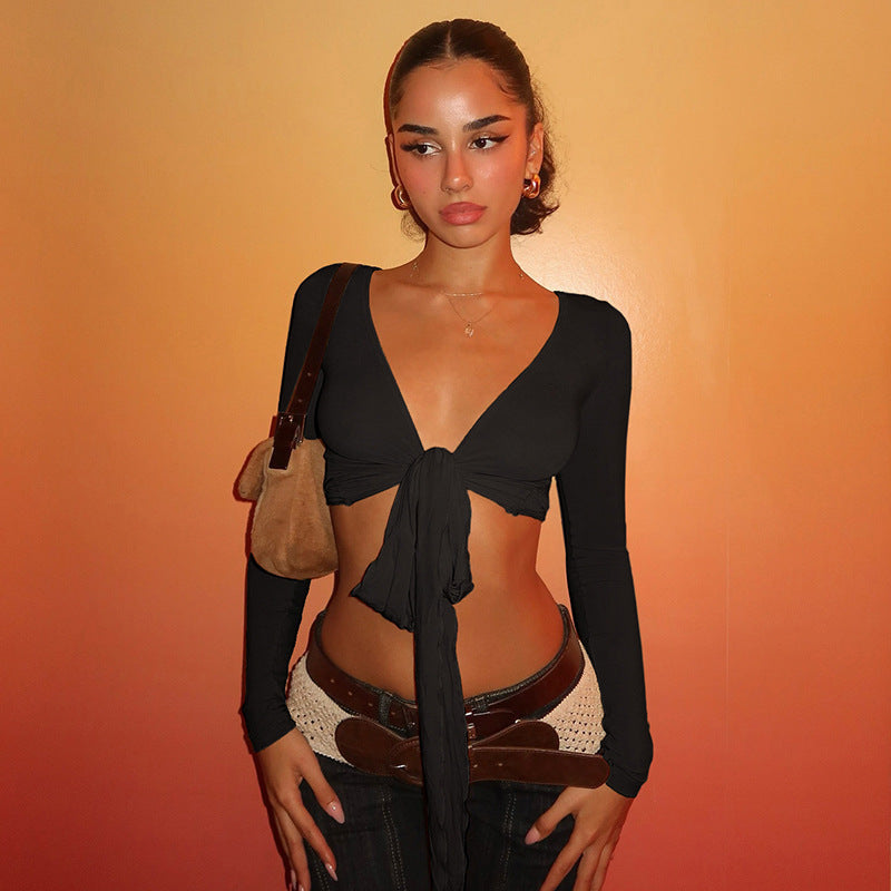 Damen Crop-Top mit verspieltem Bindeband und langen Ärmeln Drune