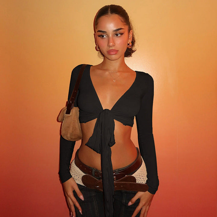 Damen Crop-Top mit verspieltem Bindeband und langen Ärmeln Drune