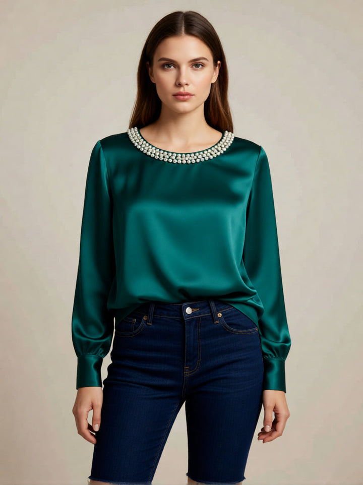 Damen elegante satinierte Bluse mit Perlenkragen Drune