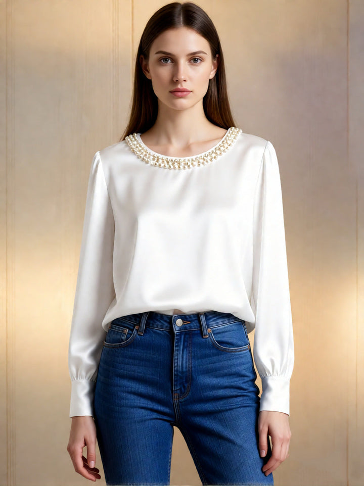 Damen elegante satinierte Bluse mit Perlenkragen Drune