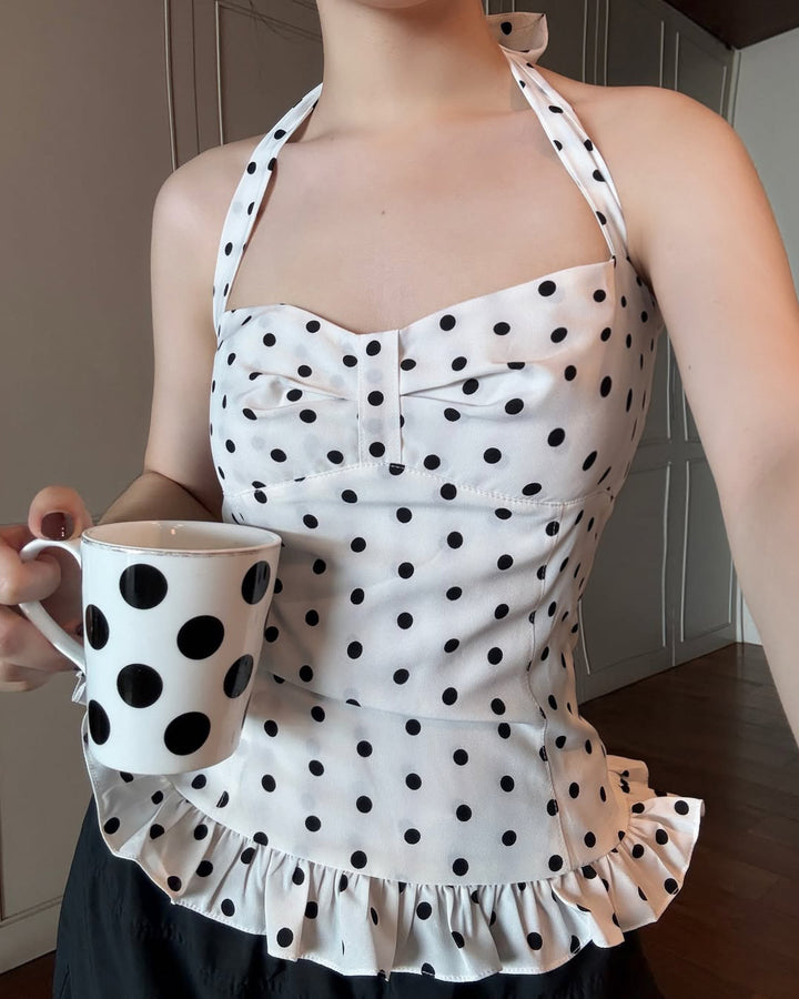 Damen Spaghetti-Träger Bluse mit attraktiven Punktmuster Drune