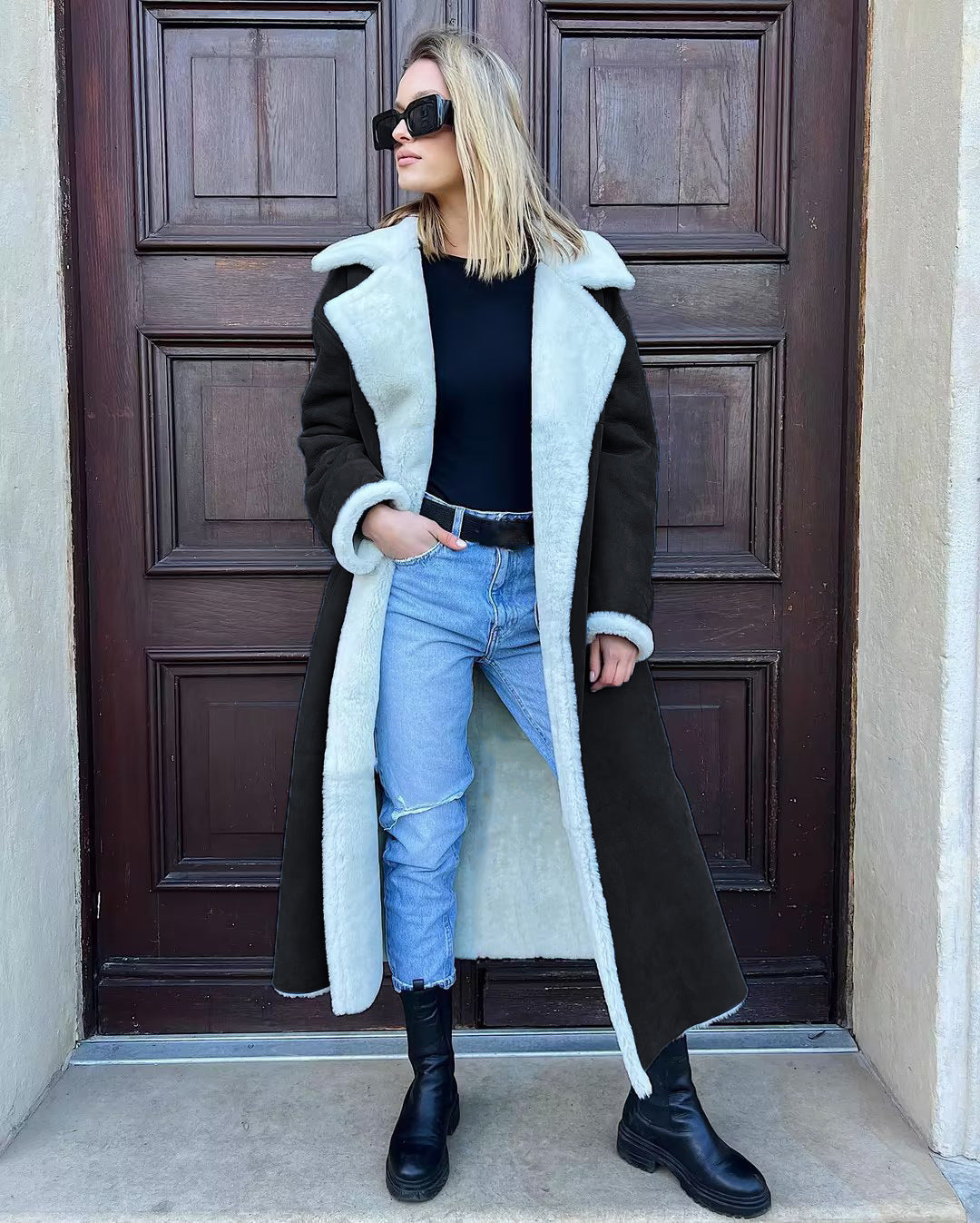 Damen Langer Fleece-Mantel mit Umlegekragen Drune