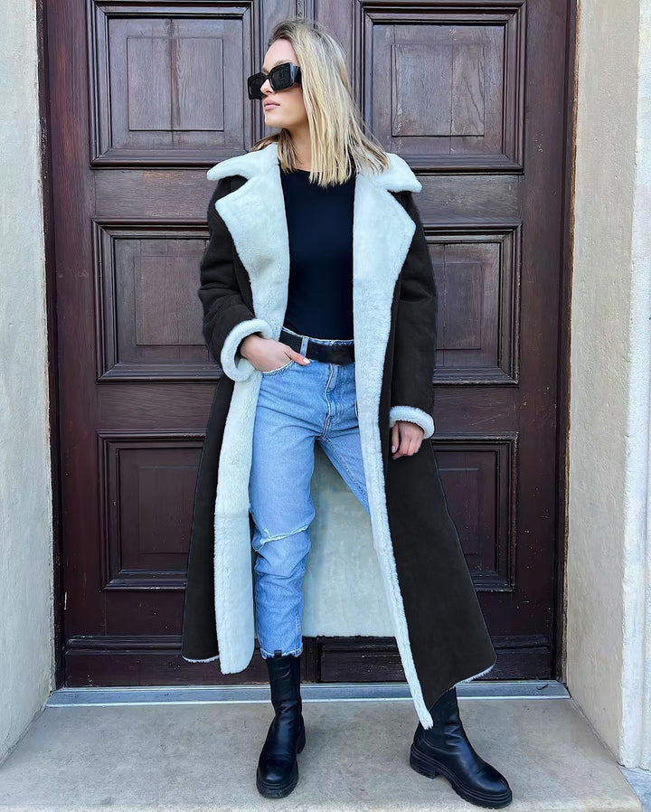 Damen Langer Fleece-Mantel mit Umlegekragen Drune