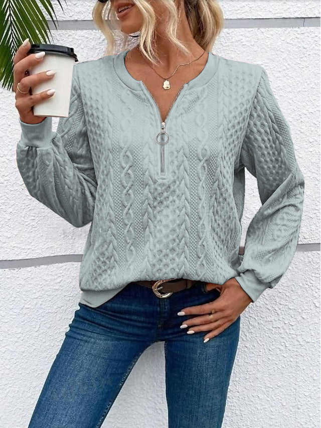 Damen grob strukturiertes Strickpullover mit Kabelmuster, halber Reißverschluss und Ballonärmel Drune