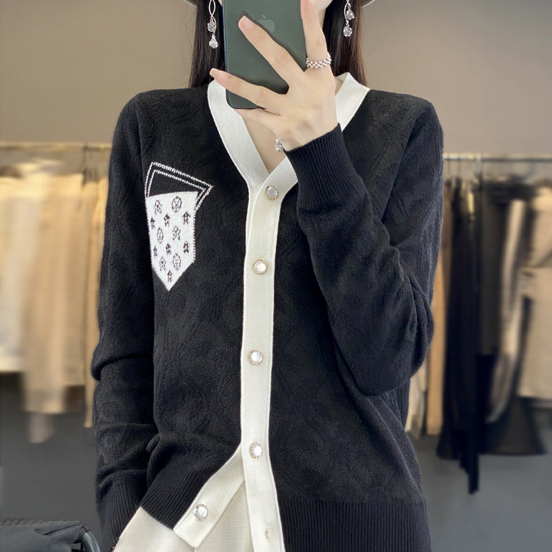 Damen Kurzgeschnittener V‑Neck-Cardigan mit Perlmuttknöpfen und kontrastierter Brusttasche Drune