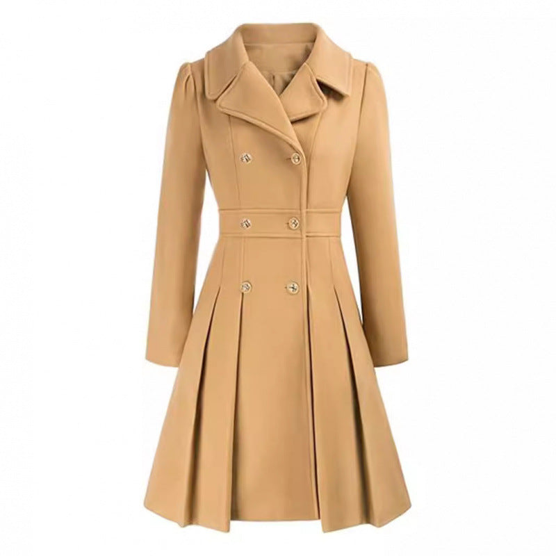 Damen taillierter Trenchcoat mit doppelter Knopfreihe und Falten Drune