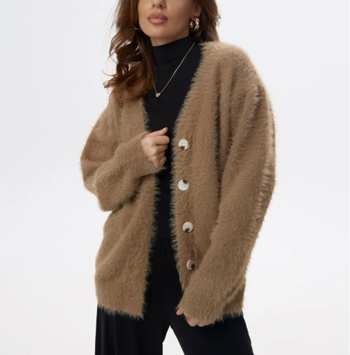 Damen Flauschiger Mohair‑Optik Knopfcardigan mit überschnittener Schulter und Perlmuttknöpfen Drune