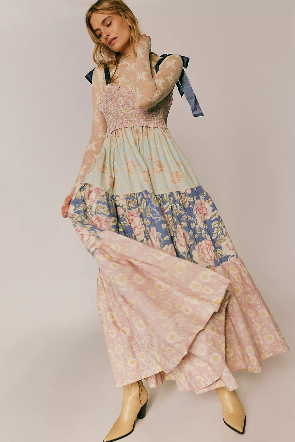 Damen Maxikleid mit floralen Mustern und voluminösem Rock Drune