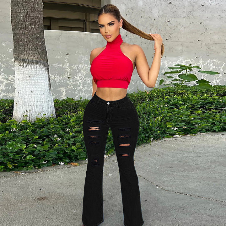 Damen High-Waist Schlaghose im Stretch-Denim mit mehrfachem Destroyed-Effekt Drune
