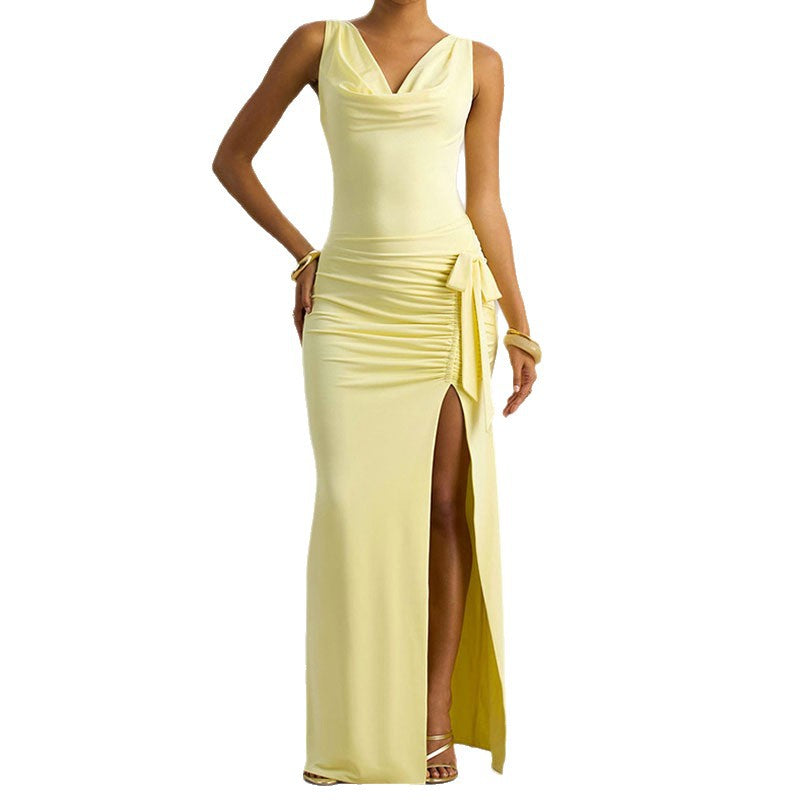Damen Elegantes Maxikleid mit tiefem V-Ausschnitt und seitlicher Raffung Drune