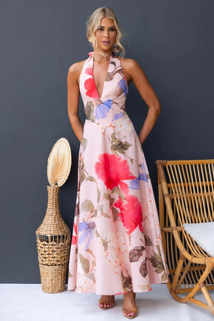 Damen Maxikleid mit tiefem V-Ausschnitt und floralen Akzenten Drune