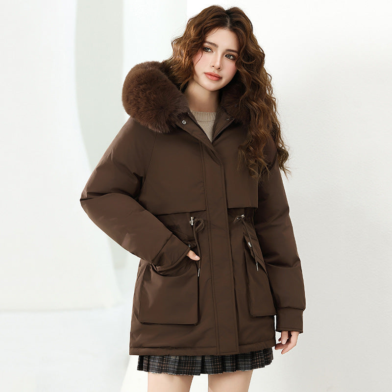 Damen Modische Winterjacke mit abnehmbarer Kapuze und hochwertigem Kunstfell Drune