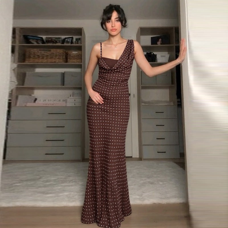 Damen Maxikleid mit asymmetrischem Ausschnitt und eingewebtem Punktedesign Drune