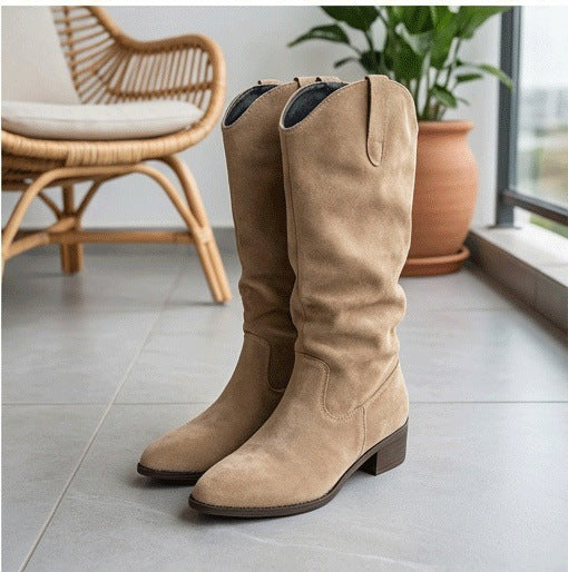 Damen Elegante Wildleder-Stiefel mit leichtem Stretch-Schaft Drune