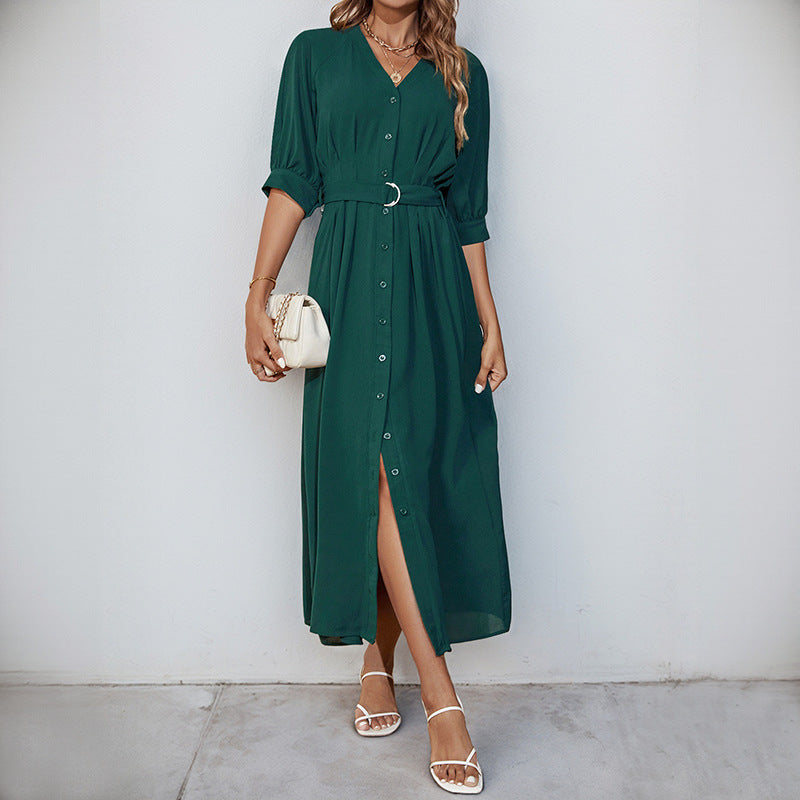 Damen Midikleid mit durchgehender Knopfleiste, V-Ausschnitt und D-Ring-Taillengürtel Drune